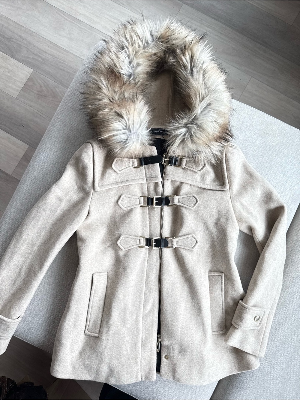 Zara Cream Hooded Coat with Faux Fur Trim